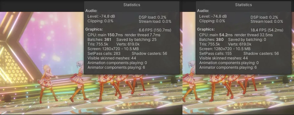 SRPBatchによるSetPassの減少効果
