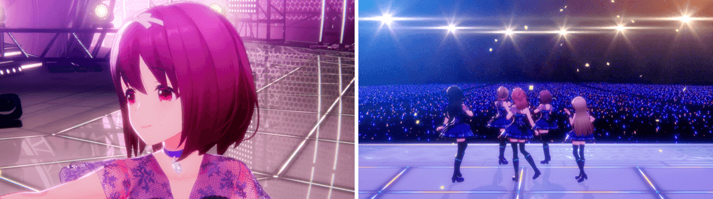 ドローンカメラでの撮影例:アイドルに近づいて撮影(左)とアイドルの後ろから撮影(右)
