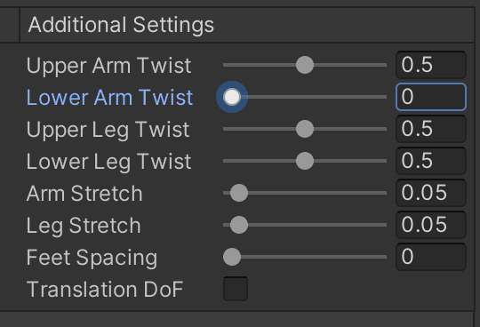 Upper Arm Twist: 0.5, Lower Arm Twist: 0, Upper Leg,Twist: 0.5,Lower Leg Twist: 0.5,Arm Stretch: 0.05, Leg Stretch: 0.05, Feet Spacing: 0, Translation Dof: false